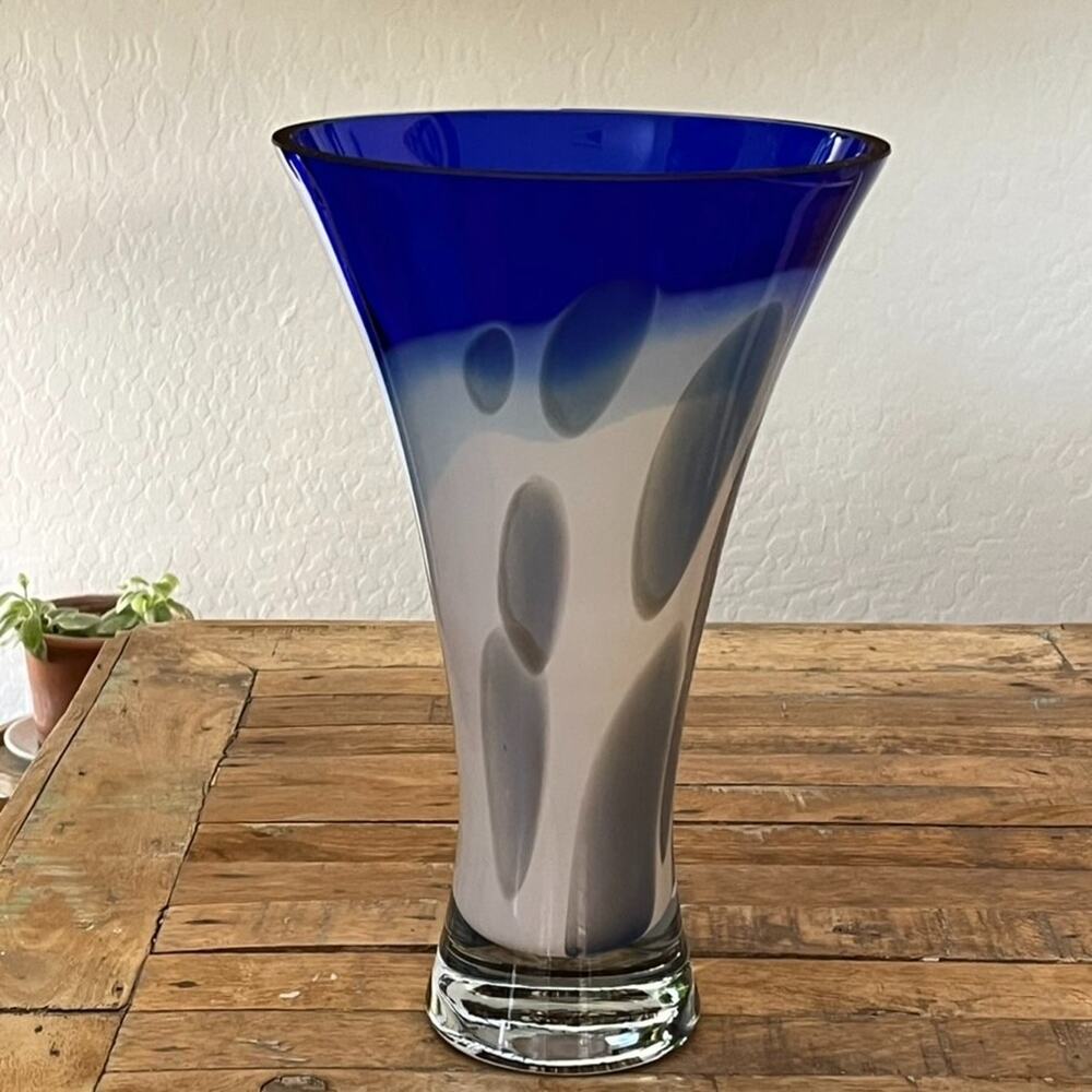 Makora Cobalt Blue Trim Hand-blown Glass Vase 12.5" Tall Made in Poland - Picture 3 of 13